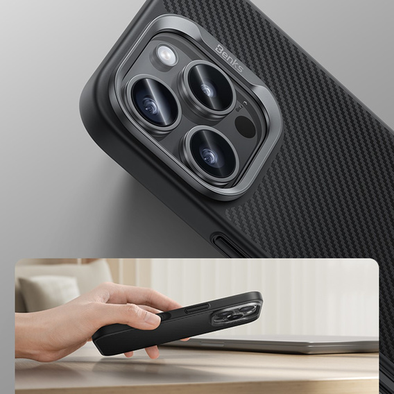 θήκη BENKS Kevlar για iPhone 16 Pro, για MagSafe, Carbon Fiber, μαύρη