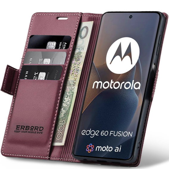 Θήκη για Motorola Edge 60 / 60 Fusion, ERBORD Glossy Litchi, πορτοφόλι με πτερύγιο, κόκκινη