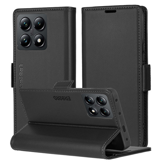 Θήκη για Xiaomi 14T, ERBORD Glossy Litchi, πορτοφόλι με πτερύγιο, μαύρη