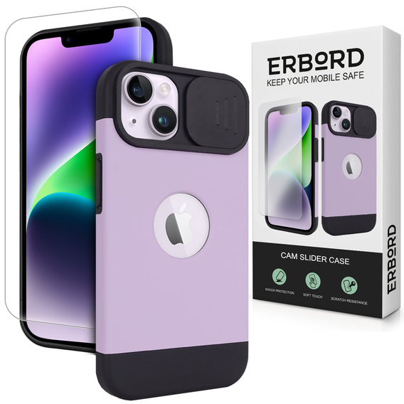 Θήκη ERBORD MagSafe Cam Slider, μοβ + γυαλί για την οθόνη για iPhone 13 / iPhone 14