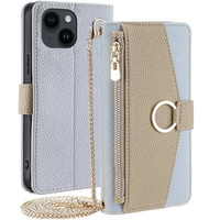 θήκη Wallet Zipper Pocket flip για το iPhone 15, Wallet Zipper Pocket, με καθρέφτη, μπλε