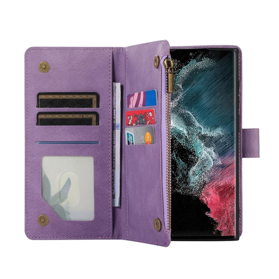 Θήκη με πτερύγιο για Samsung Galaxy S24 Ultra, Wallet Zipper Pocket, με ιμάντα ώμου, μωβ