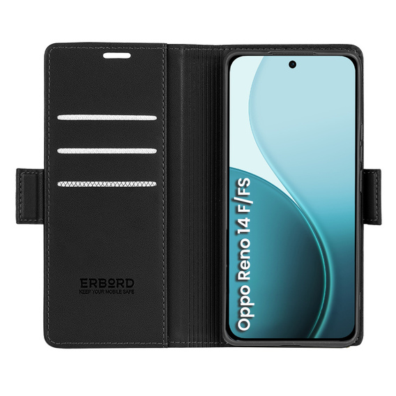Θήκη για Oppo Reno 14 F / 14 FS, ERBORD Glossy Litchi, πορτοφόλι με πτερύγιο, μαύρη