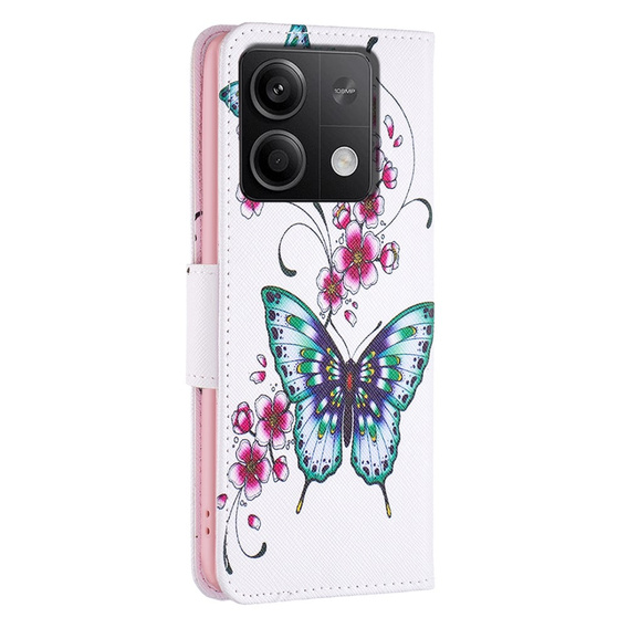 Θήκη με πτερύγιο για Xiaomi Redmi Note 13 5G, Wallet, Butterflies & Flowers λευκή