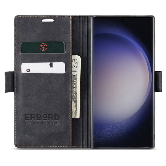 Θήκη για Samsung Galaxy S24 Ultra, ERBORD Vintage, πορτοφόλι με πτερύγιο, μαύρη