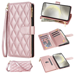θήκη πτερύγιο για Samsung Galaxy S25 Edge, Rhombus Crossbody Leather, ροζ rose gold
