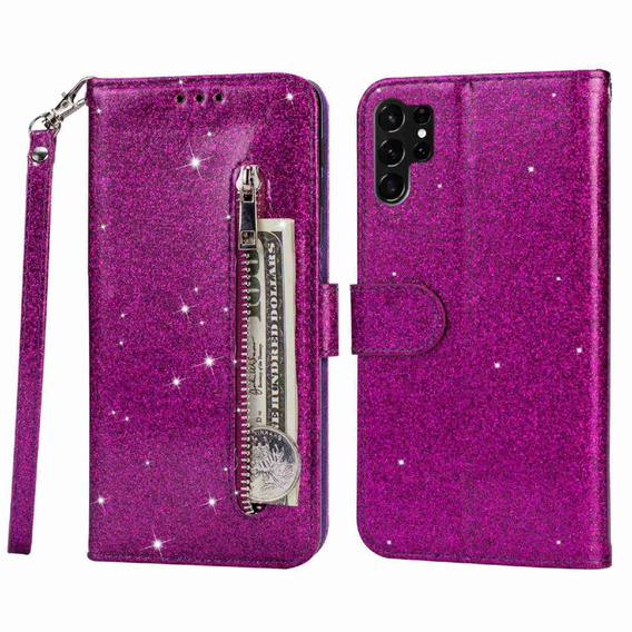 Θήκη με πτερύγιο για Samsung Galaxy S24 Ultra, Wallet Zipper Pocket Glittery, μωβ