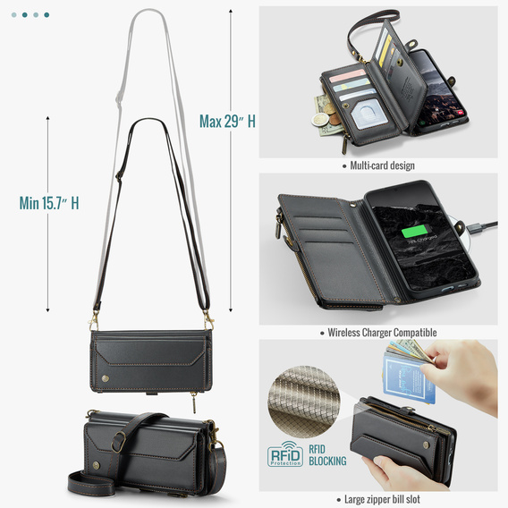 θήκη CASEME για Samsung Galaxy S25 FE, RFID Leather Wallet, με λουράκι ώμου, μαύρη