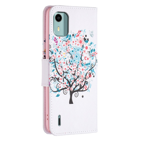 Θήκη με πτερύγιο για Nokia C12 4G, Wallet, colorful tree, λευκή