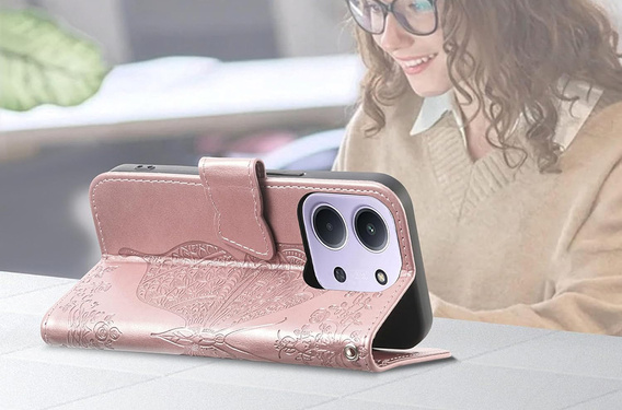 Θήκη με πτερύγιο για Xiaomi Redmi 15C 4G/LTE, Butterfly, ροζ rose gold
