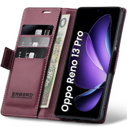 Θήκη για Oppo Reno 13 Pro, ERBORD Glossy Litchi, πορτοφόλι με πτερύγιο, κόκκινη