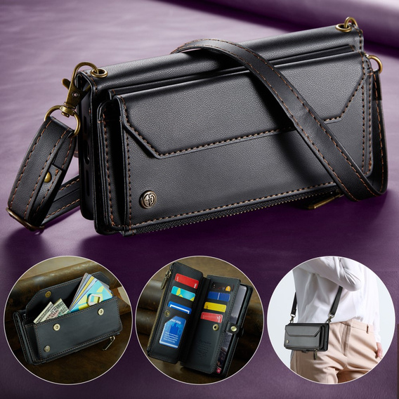 θήκη CASEME για Samsung Galaxy S24 FE, RFID Leather Wallet, με λουράκι ώμου, μαύρη
