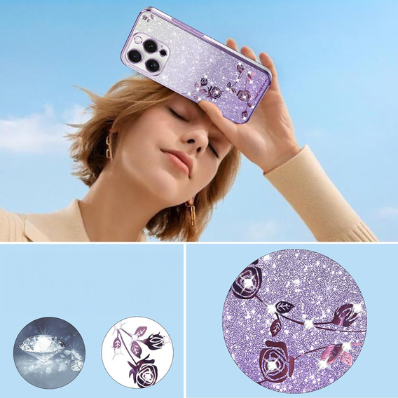 Θήκη για iPhone 16 Pro Max, Glitter Flower, μωβ