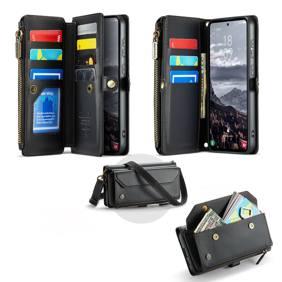θήκη CASEME για Samsung Galaxy S25 FE, RFID Leather Wallet, με λουράκι ώμου, μαύρη