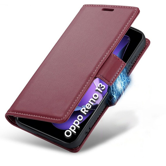 Θήκη για Oppo Reno 13, ERBORD Glossy Litchi, πορτοφόλι με πτερύγιο, κόκκινη