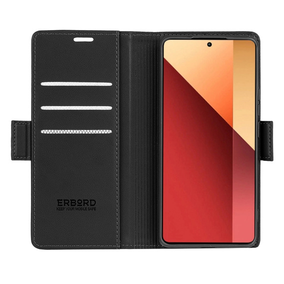 Θήκη για Xiaomi Redmi Note 13 Pro 4G / Xiaomi Redmi Note 14S / Xiaomi Poco M6 Pro 4G, ERBORD Glossy Litchi, πορτοφόλι με πτερύγιο, μαύρη