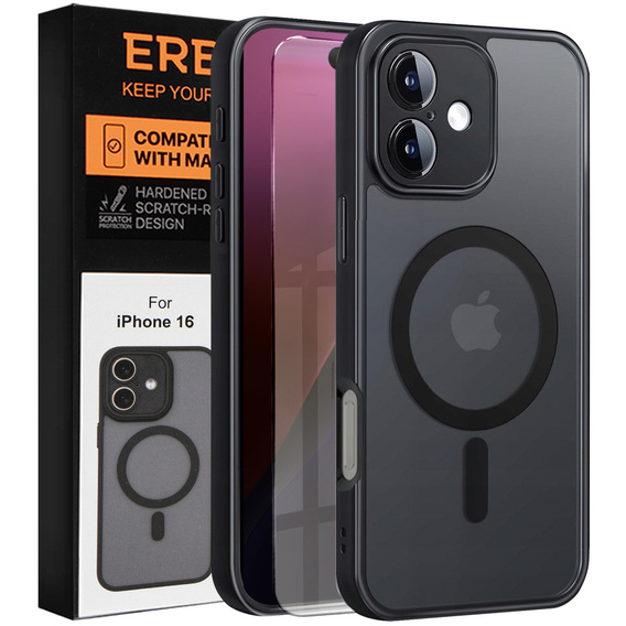 Θήκη για iPhone 16, για MagSafe, ERBORD Μatt Case, μαύρη + Γυαλί οθόνης