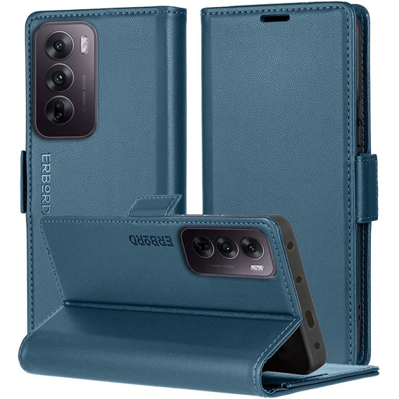 Θήκη για Oppo Reno 12, ERBORD Glossy Litchi, πορτοφόλι με πτερύγιο, μπλε