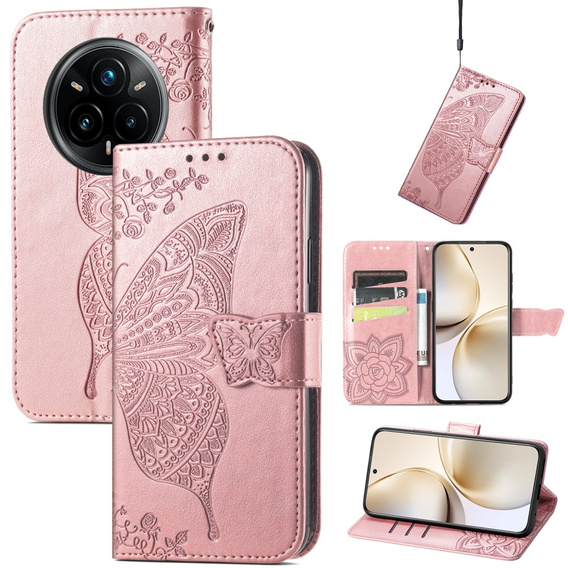 Θήκη με πτερύγιο για Realme 14 Pro+ 5G, Butterfly, ροζ rose gold