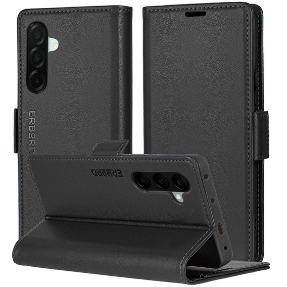 Θήκη για Samsung Galaxy A26, ERBORD Glossy Litchi, πορτοφόλι με πτερύγιο, μαύρη