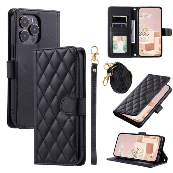 θήκη πτερύγιο για iPhone 16 Pro, Rhombus Crossbody Leather, μαύρη