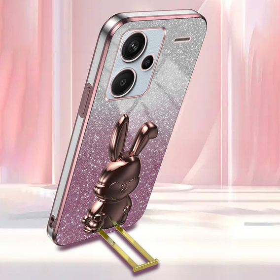 Θήκη για Xiaomi Redmi Note 13 Pro+, Glitter Rabbit, με συρόμενη βάση στήριξης, ροζ