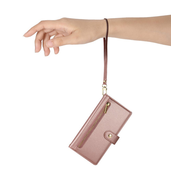 Θήκη με πτερύγιο για Samsung Galaxy S25, Wallet Zipper Pocket, ροζ