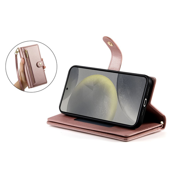 Θήκη με πτερύγιο για Samsung Galaxy S25, Wallet Zipper Pocket, ροζ