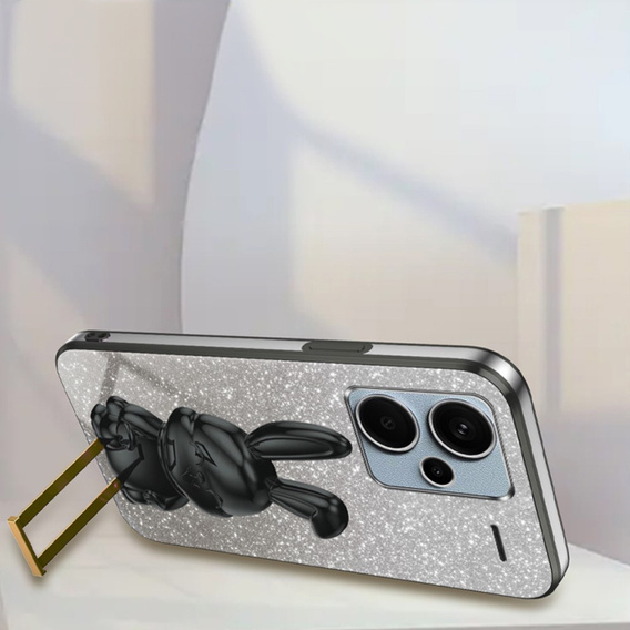 Θήκη για Xiaomi Redmi Note 13 Pro+, Glitter Rabbit, με συρόμενη βάση στήριξης, μαύρη