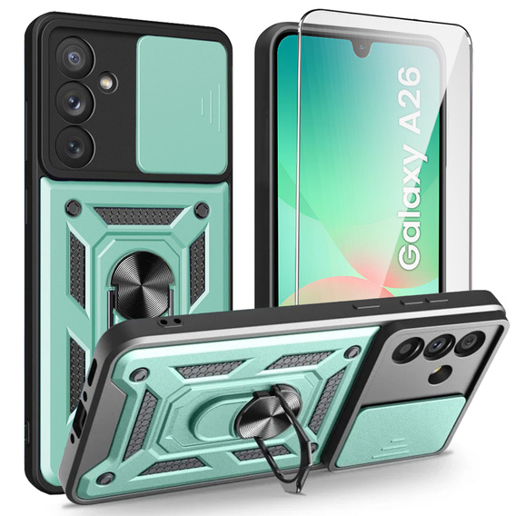 Θωρακισμένη θήκη για Samsung Galaxy A26, CamShield Slide, πράσινη + Μετριασμένο γυαλί 9H