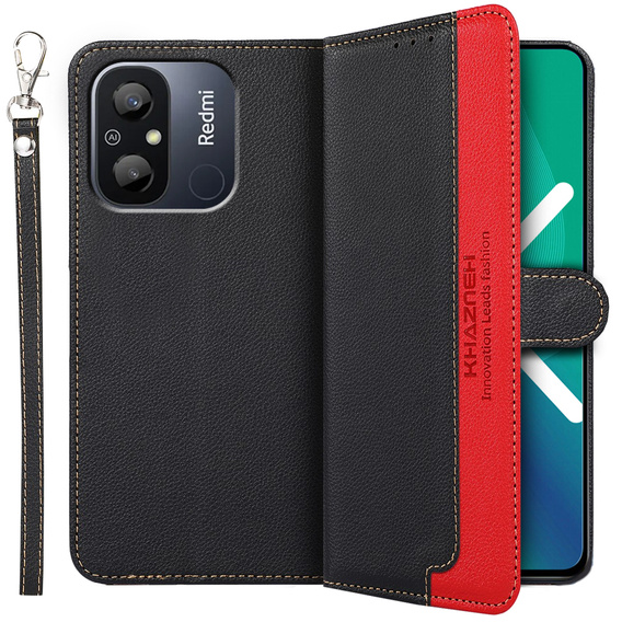 Θήκη με πτερύγιο για Xiaomi Redmi 12C, KHAZNEH RFID, μαύρη / κόκκινη
