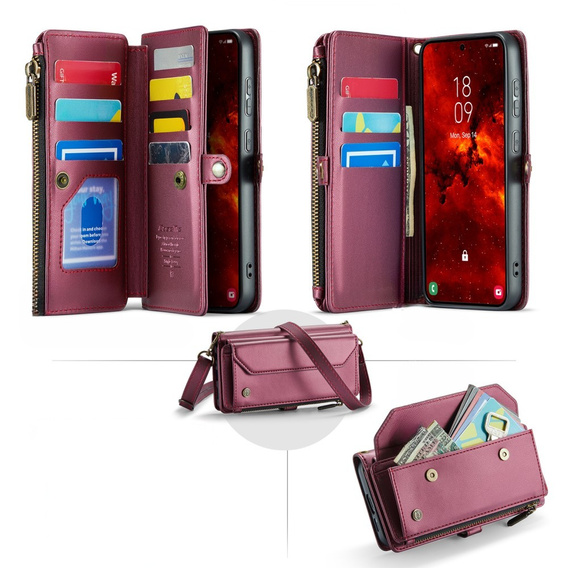 θήκη CASEME για Samsung Galaxy S24 FE, RFID Leather Wallet, με λουράκι ώμου, κόκκινη