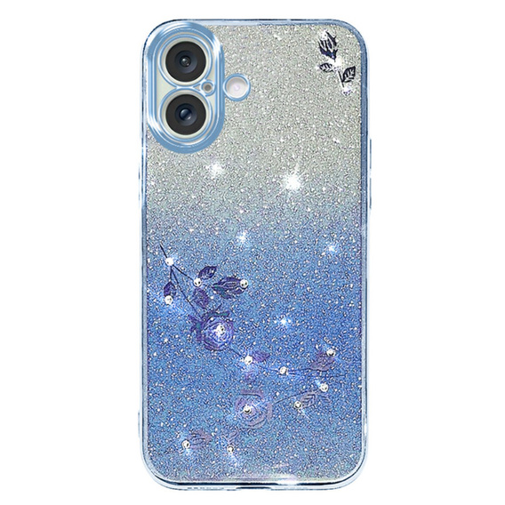 Θήκη για iPhone 16 Plus, Glitter Flower, μπλε