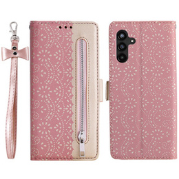 θήκη πτερύγιο για Samsung Galaxy A55 5G, Wallet Pocket Zipper Lace, ροζ