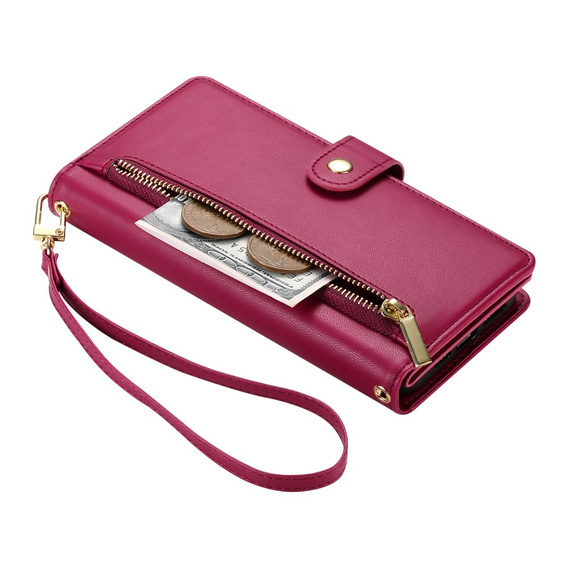 Θήκη με πτερύγιο για iPhone 16, Wallet Zipper Pocket, κόκκινη