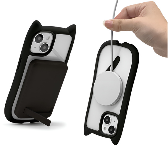 Θήκη για iPhone 13 / iPhone 14, για MagSafe, Cute Cat, μαύρη + Γυαλί οθόνης