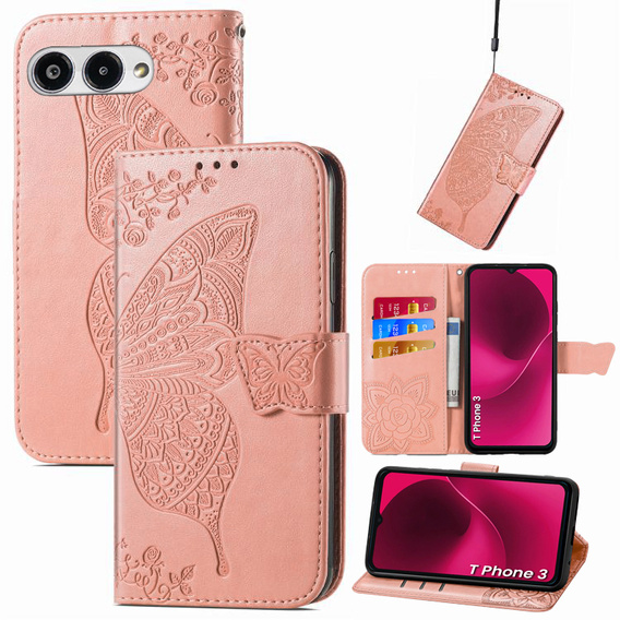 Θήκη με πτερύγιο για T Phone 3 5G, Butterfly, ροζ rose gold