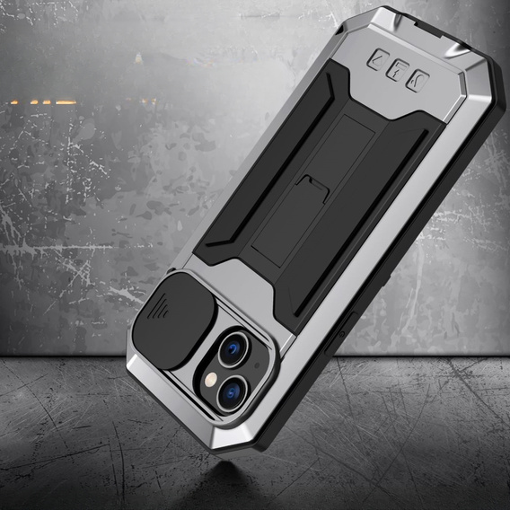 Θήκη για iPhone 14, R-JUST CamShield Slide, θωρακισμένη, ασημένια / μαύρη
