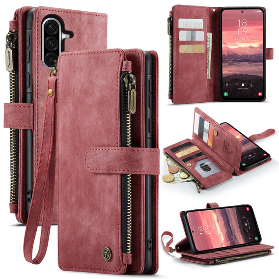 Η θήκη CASEME για Samsung Galaxy A56 5G, Leather Wallet Cash and Card Slots, με λουράκι, κόκκινη