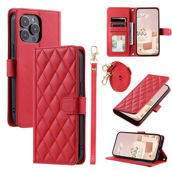 θήκη πτερύγιο για iPhone 16 Pro, Rhombus Crossbody Leather, κόκκινη