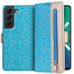 θήκη πτερύγιο για Samsung Galaxy S22+ Plus 5G, Wallet Pocket Zipper Lace, μπλε
