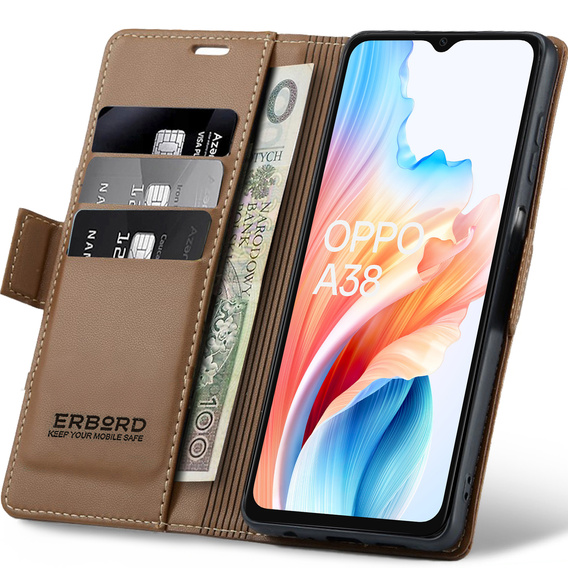Θήκη για Oppo A18 4G / A38 4G, ERBORD Glossy Litchi, πορτοφόλι με πτερύγιο, καφέ
