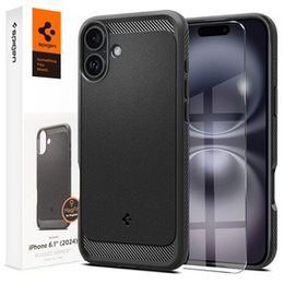 θήκη Spigen για iPhone 16, Rugged Armor MagSafe, μαύρη + μετριασμένο γυαλί 9H