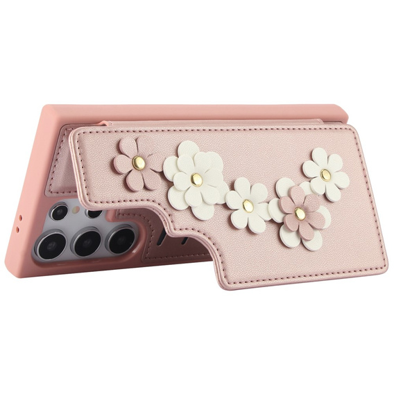 θήκη για Samsung Galaxy S24 Ultra, Leather Flower Card Slot, ροζ