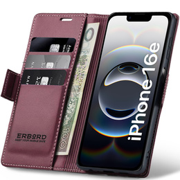 Θήκη για Iphone 16E, ERBORD Glossy Litchi, πορτοφόλι με πτερύγιο, κόκκινη