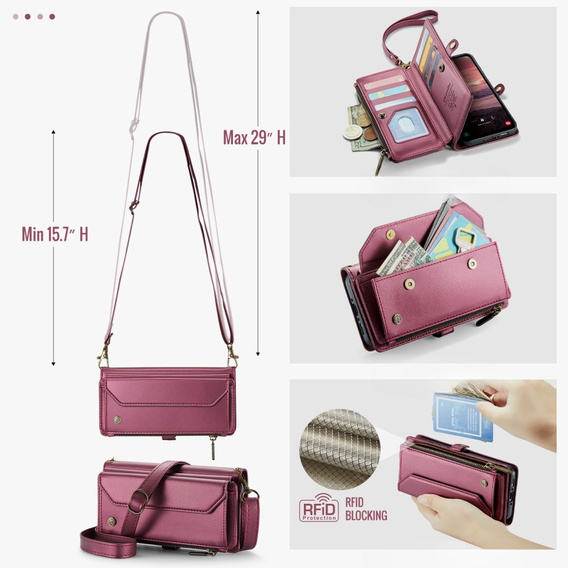 θήκη CASEME για Samsung Galaxy A56 5G, RFID Leather Wallet, με λουράκι ώμου, κόκκινη