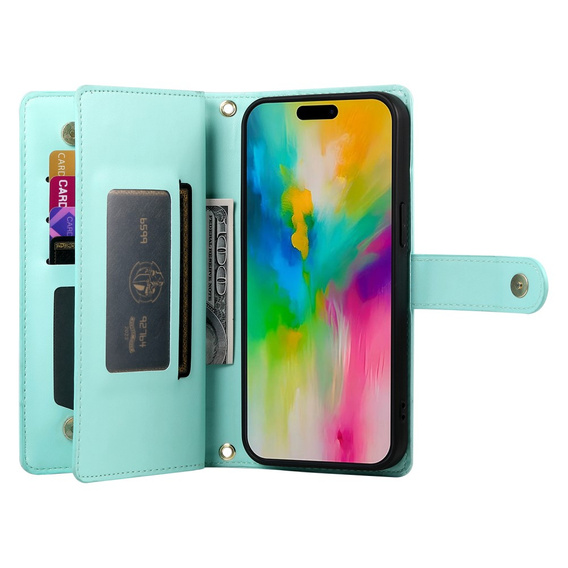 Θήκη με πτερύγιο για iPhone 16 Pro, Wallet Zipper Pocket, πράσινη