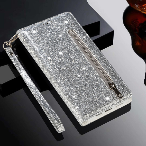 Θήκη με πτερύγιο για Samsung Galaxy A56 5G, Wallet Zipper Pocket Glittery, ασημένια