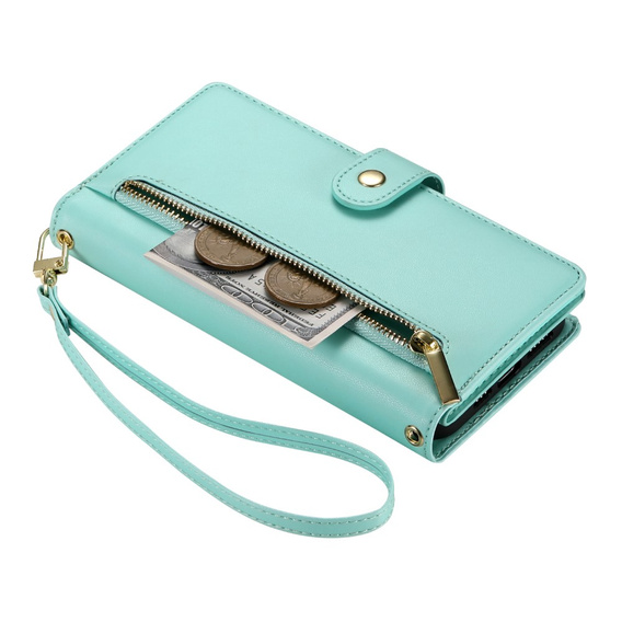 Θήκη με πτερύγιο για iPhone 16 Plus, Wallet Zipper Pocket, πράσινη