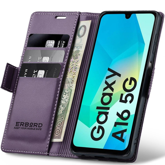 Θήκη για Samsung Galaxy A16, ERBORD Glossy Litchi, πορτοφόλι με πτερύγιο, μωβ